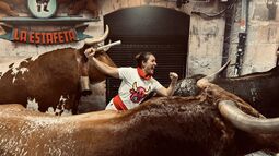 Vorschaubild Touristen können ein Foto des "Encierro" nachstellen. Diese Stiere sind nicht echt.